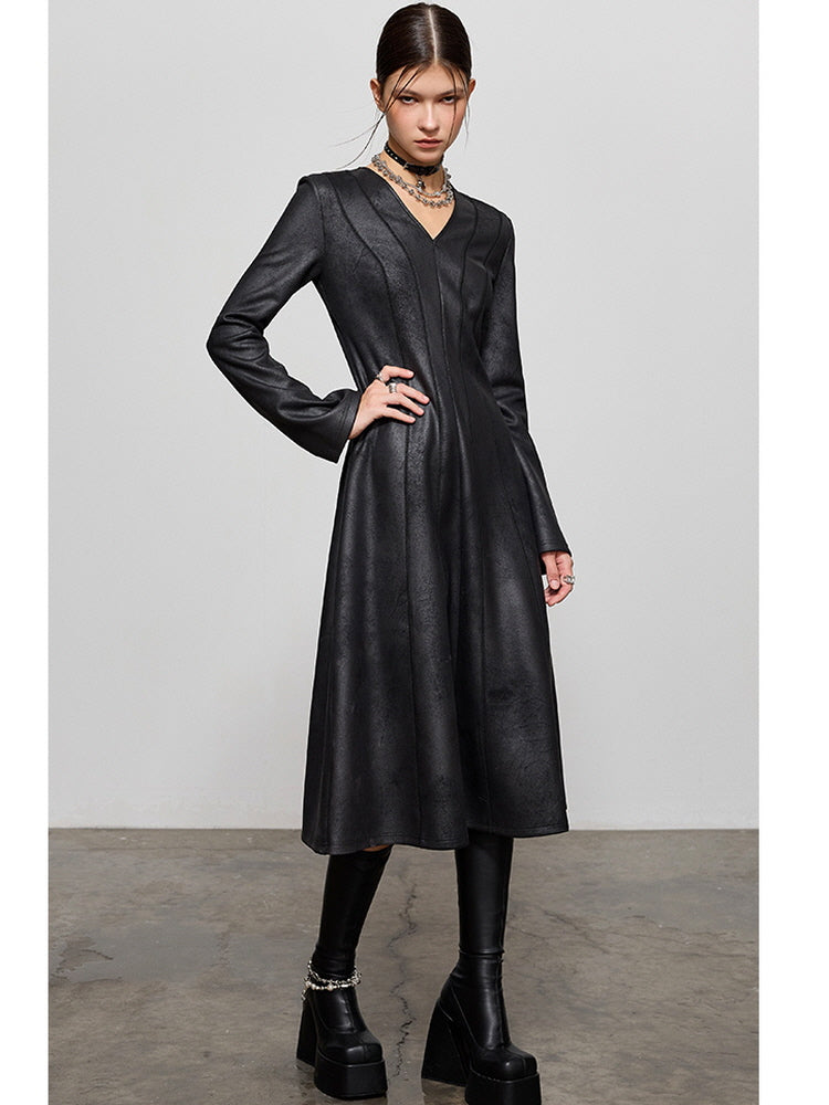 Faux leather waist-cinching midi dress