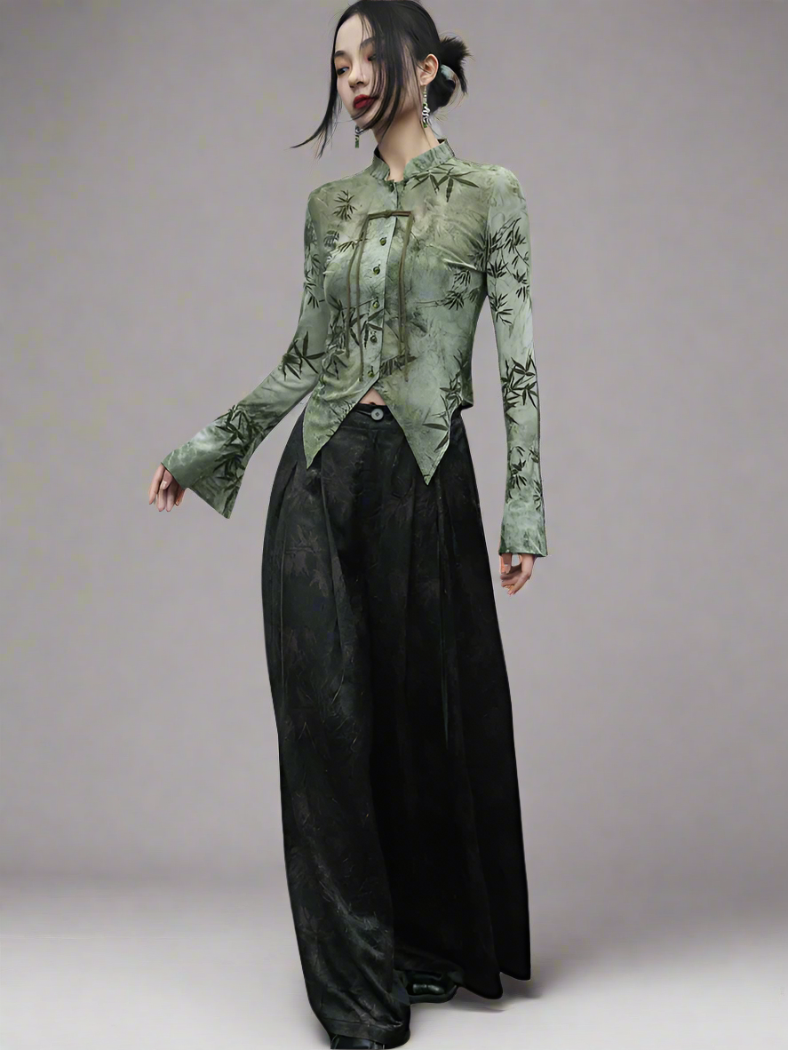 Bamboo leaf print wide-leg pants