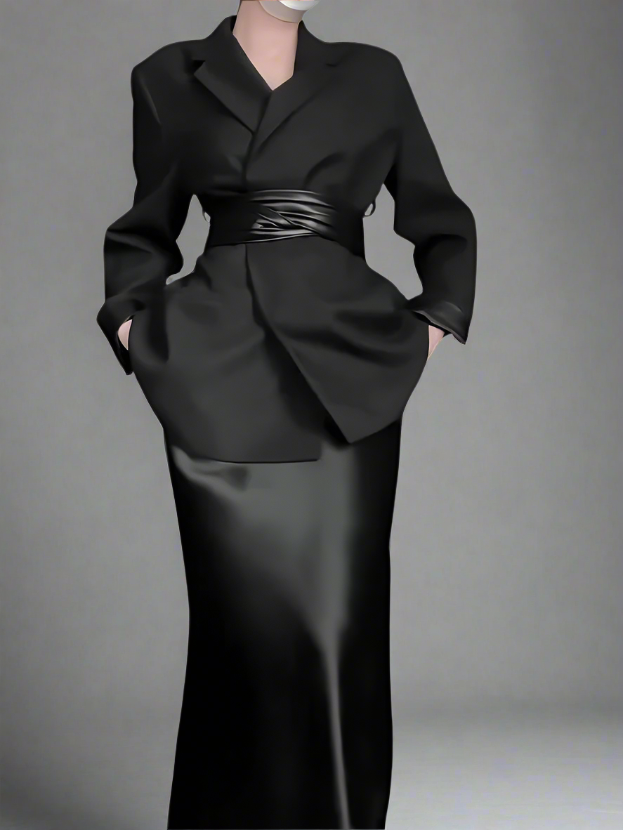 Elegant style with a black blazer and long skirt