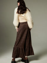 Brown plaid midi skirt with ribbon detail