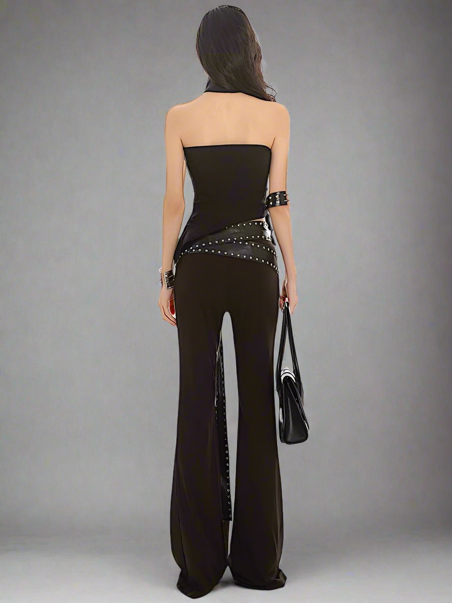 Blockbuster stud belt stretch flare pants