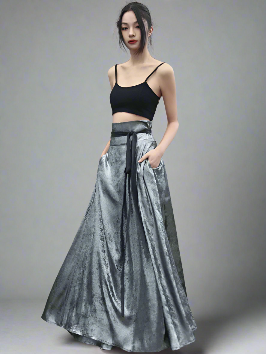 High-waisted contrasting loose long skirt