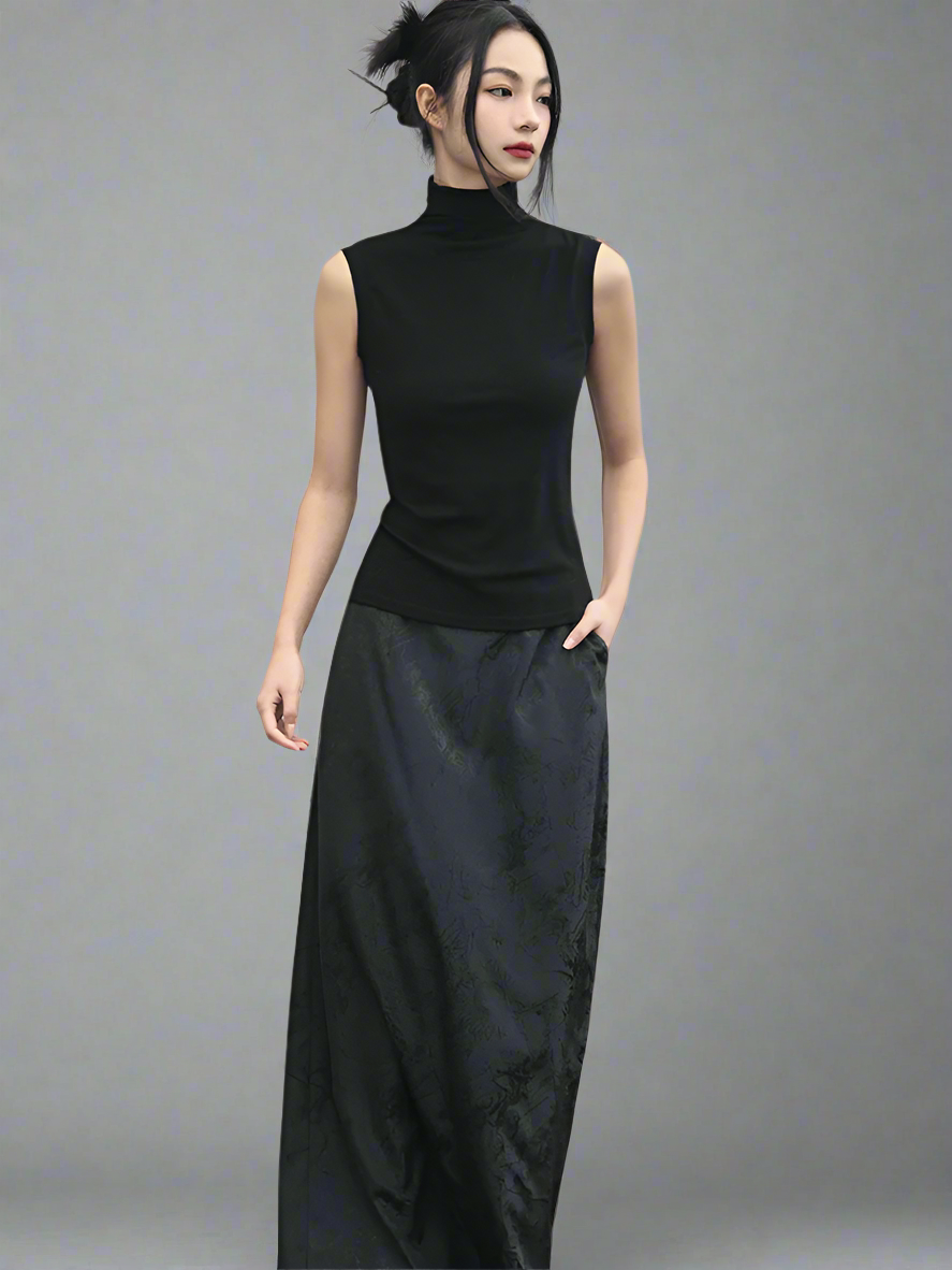 Dark satin jacquard skirt