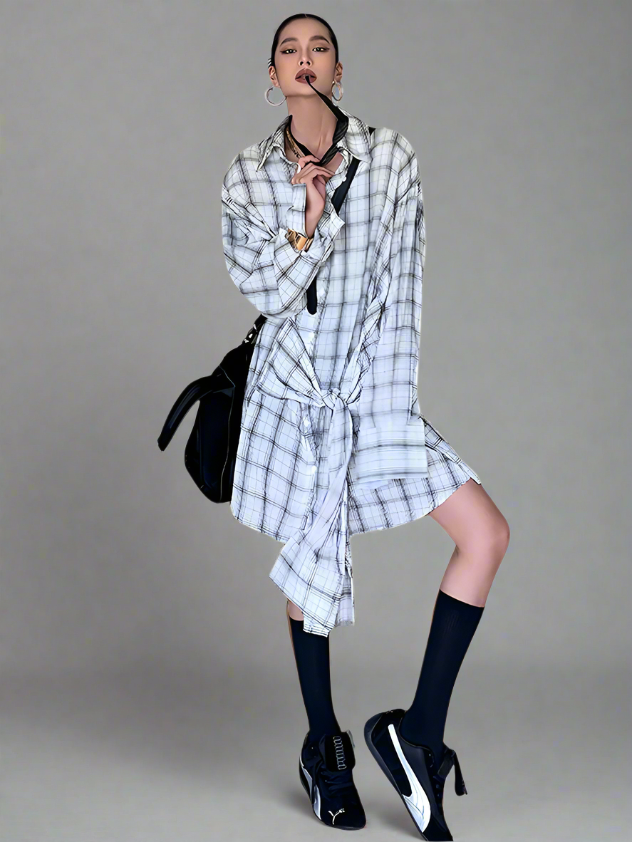 Checked waist-tie jacket dress