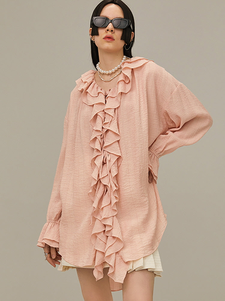 Multi-layered pink ruffle shirt