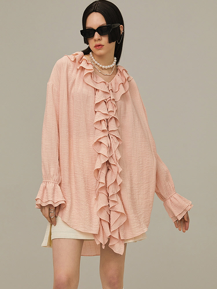 Multi-layered pink ruffle shirt