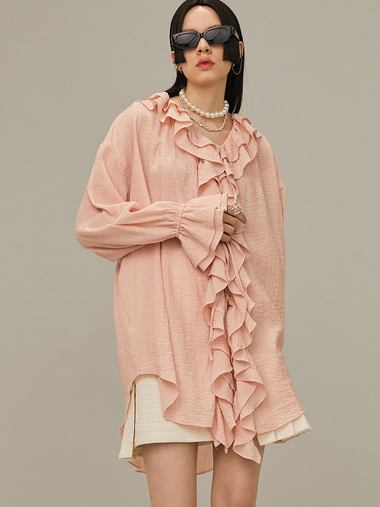 Multi-layered pink ruffle shirt