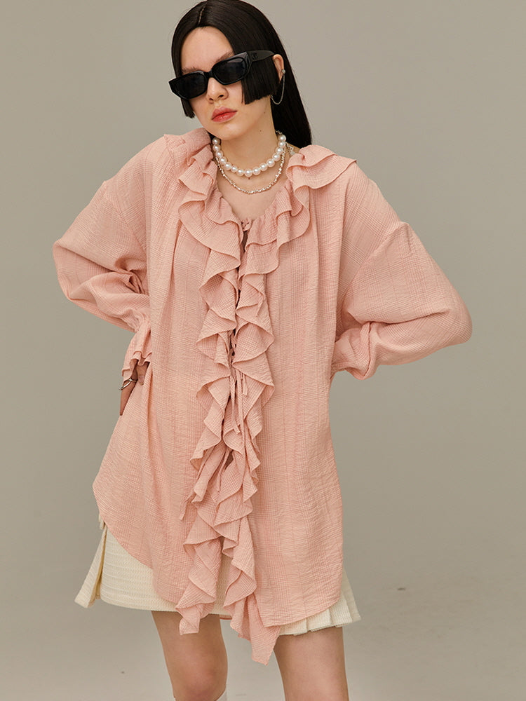 Multi-layered pink ruffle shirt