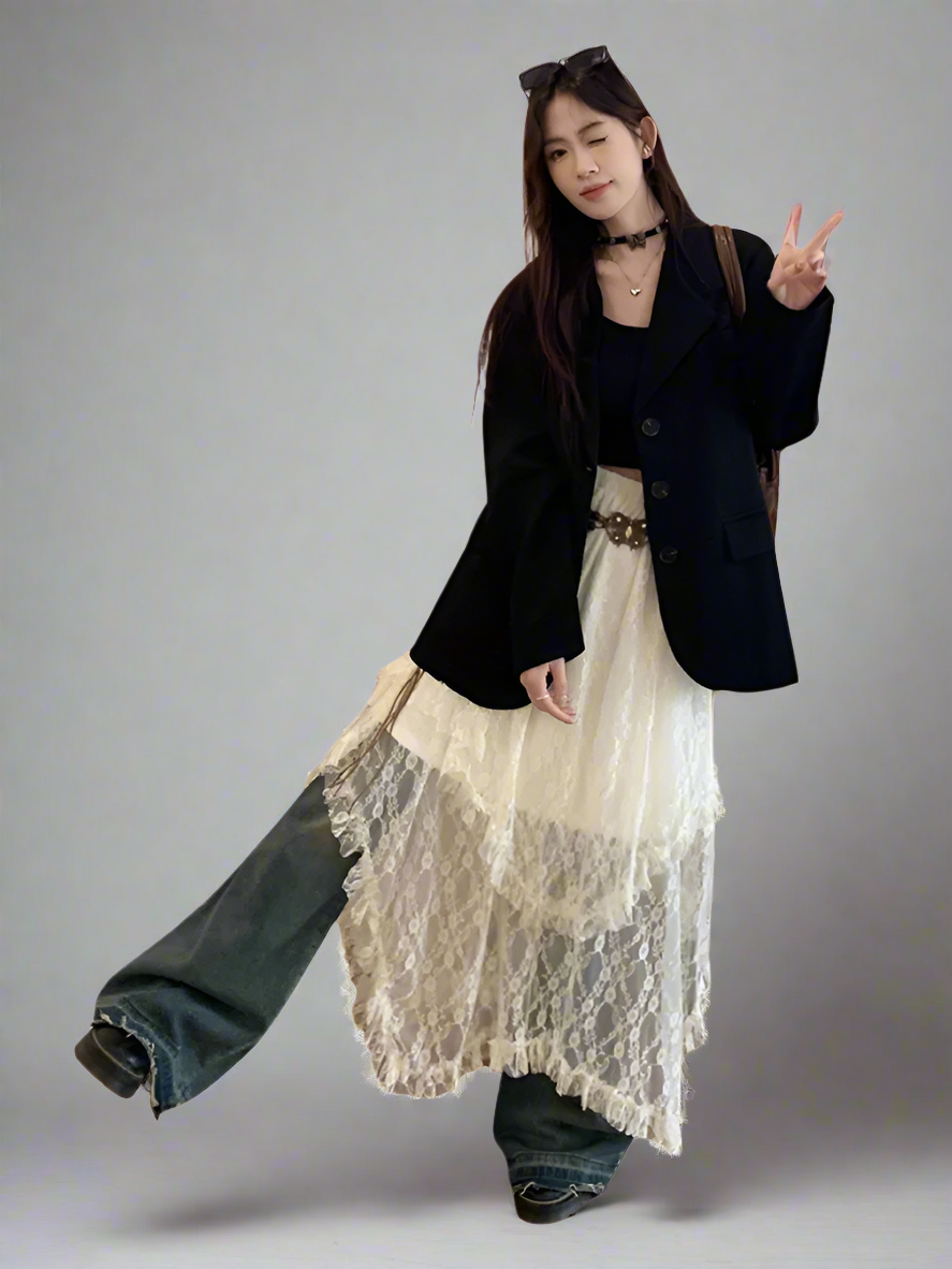 Irregular slim lace A-line midi skirt