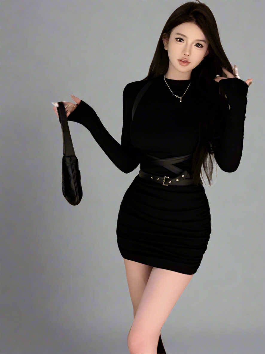 Half high neck long sleeve dress