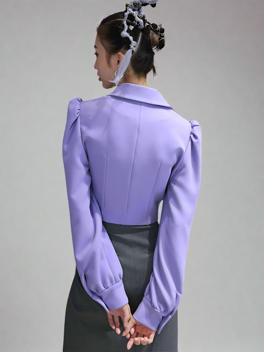 Diagonal placket blue wrap collar jacket