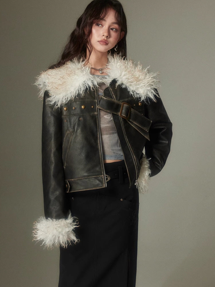 Bowknot fur collar black jacket