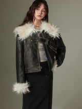 Bowknot fur collar black jacket