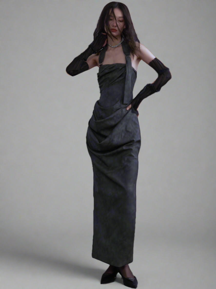 Smoky ink-dyed PU leather halterneck bandeau dress