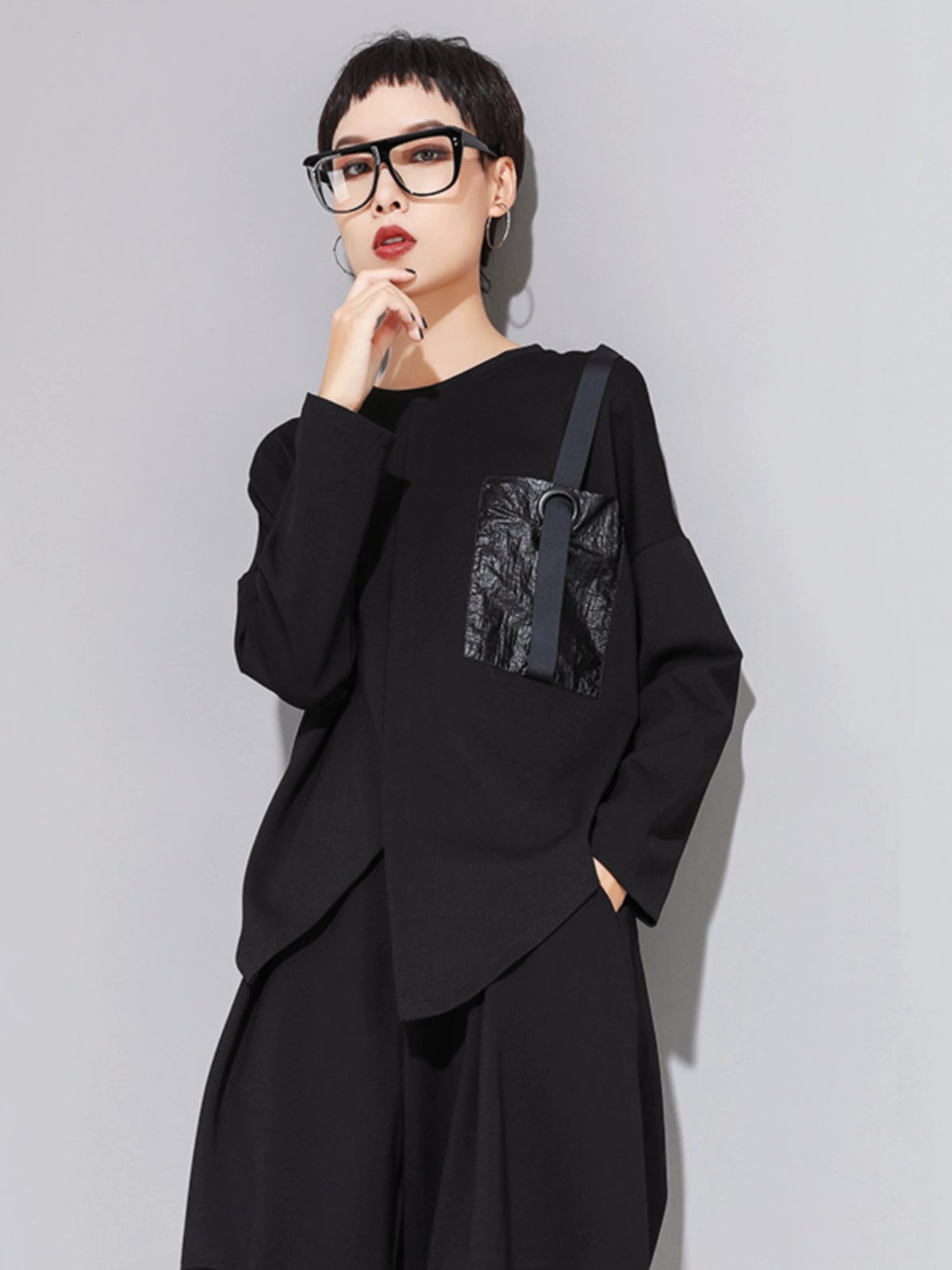 Slit pockets drawstring long sleeve T-shirt