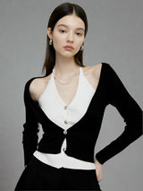 Black and white contrast fake two-piece wool knit cardigan