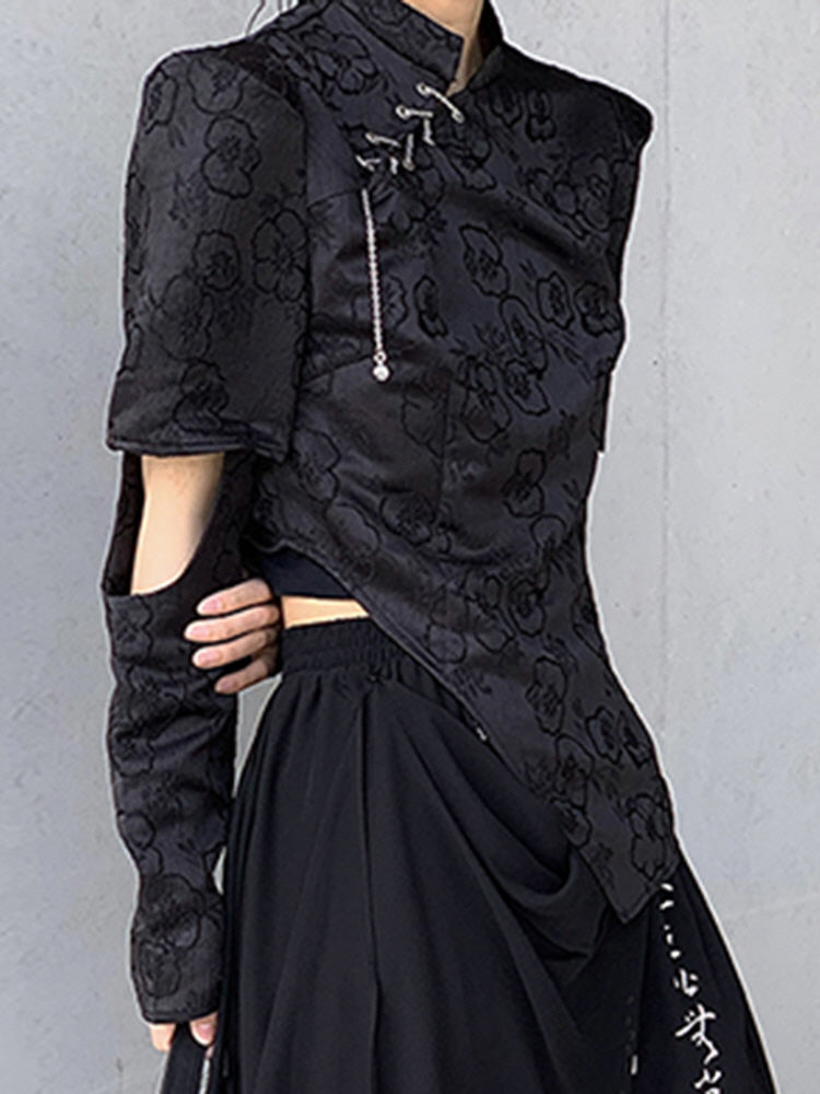 Chinese style asymmetric Qipao Top + High-waisted chiffon skirt pants