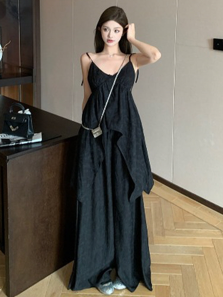 V-neck Irregular black camisole top & wide-leg pants