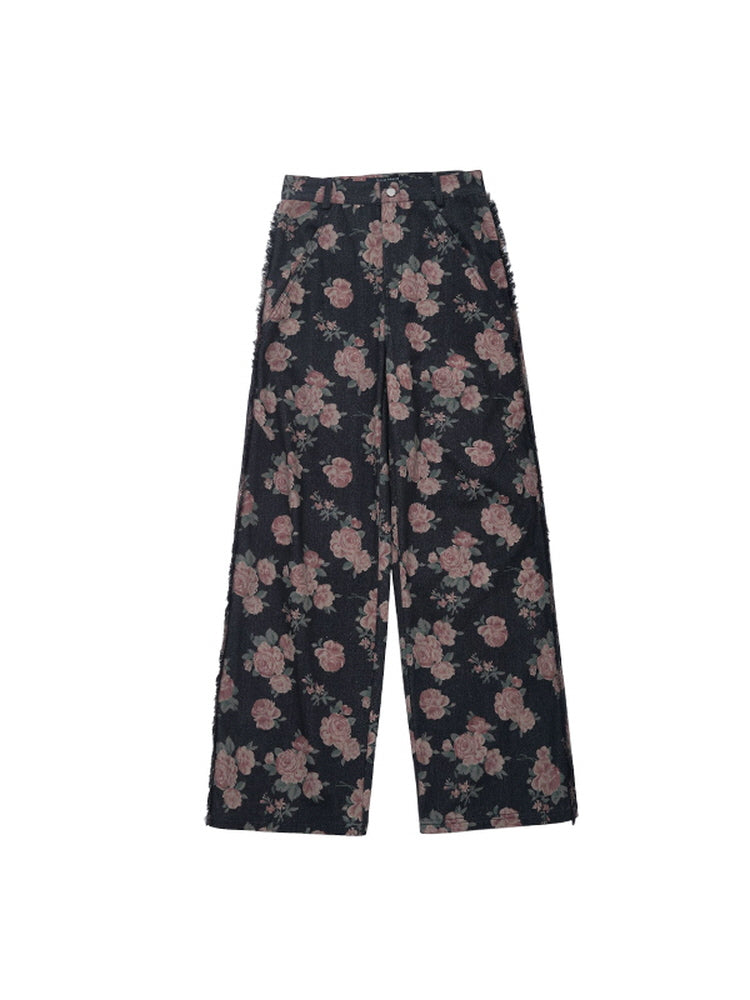 Chic vintage rose-print straight-leg jeans