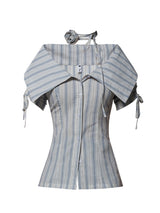 Shoulder tie short sleeves striped shirt