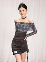 Retro plaid one-shoulder mesh dress