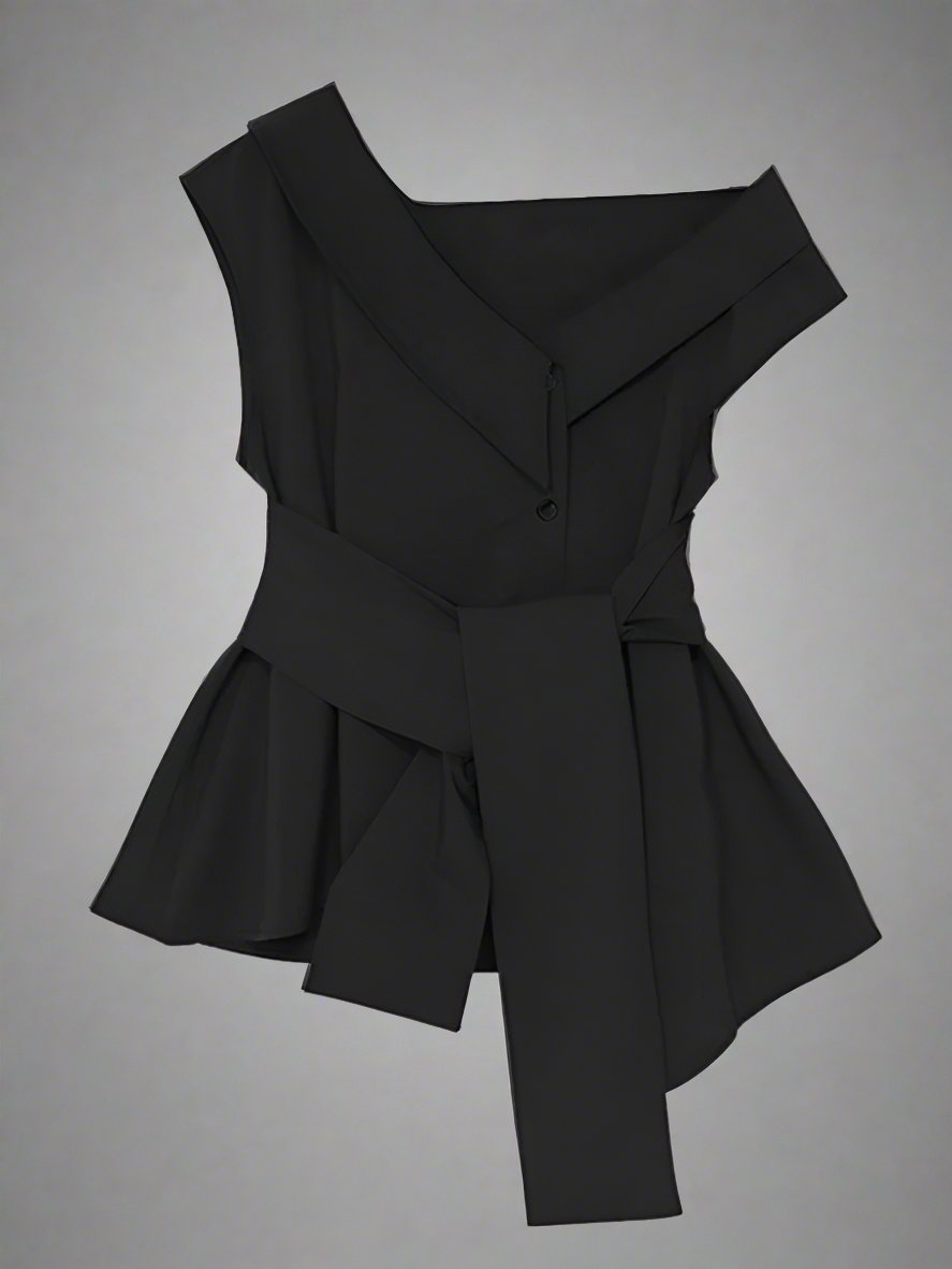 Off-shoulder waist-cinching dark shirt