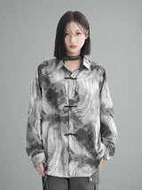 Oriental style cross buckle long sleeve shirt