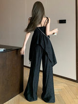 V-neck Irregular black camisole top & wide-leg pants