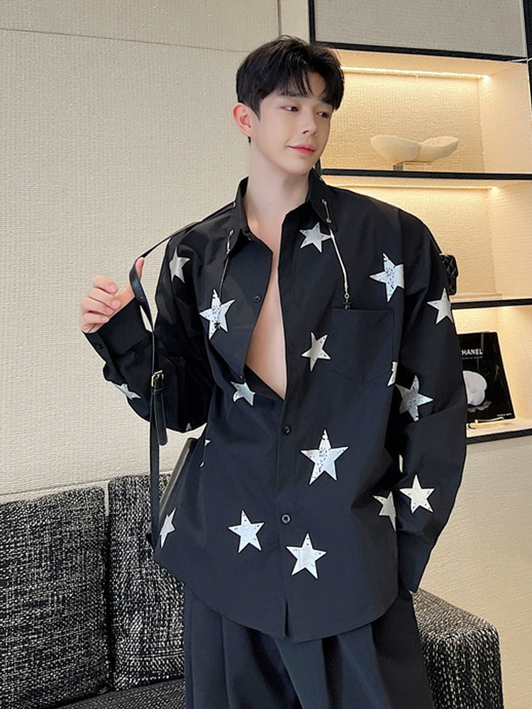 Niche star-print chain shirt men's long sleeve design