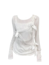 Slightly transparent lace-up knitted T-shirt