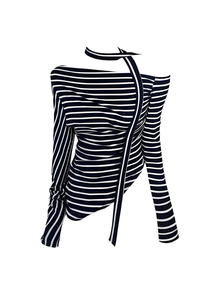 Stripes irregular one-shoulder streamers knit sweater