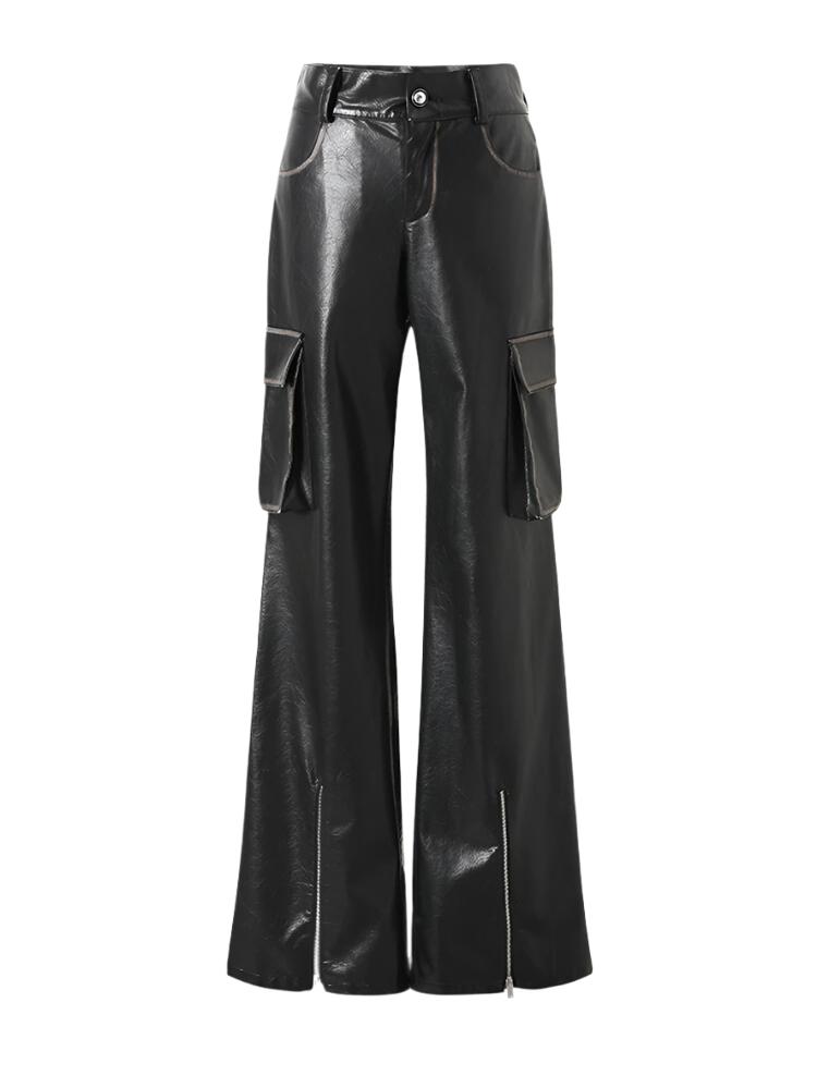 Big pocket boot-cut PU leather Pants